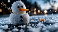 Tiny snowman with carrot nose and twig arms on snowy ground at night with bokeh lights in background, winter holiday scene captured in macro photography.