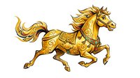 Ornate golden horse with decorative swirling patterns galloping in motion, isolated on white background, suitable for design projects, t-shirts, and clipart applications.