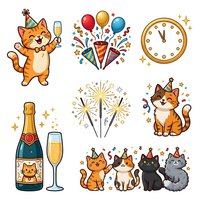 Cartoon cat characters celebrating with champagne, balloons, party hats, fireworks and clock showing midnight. Isolated clipart elements on white background for party invitations and festive designs.