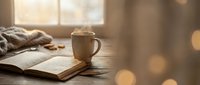 Cozy morning scene with steaming coffee mug and open book on wooden table by window with warm sunlight and soft bokeh lights creating peaceful atmosphere.