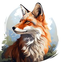 Red fox portrait with detailed fur texture in natural setting against soft blue and green background, artistic style illustration for nature and wildlife designs.
