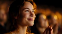 Young woman with gentle smile looking up, illuminated by warm golden lighting against dark background with bokeh effect, expressing joy and hope.