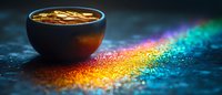 Magical rainbow glitter trail leading to dark ceramic bowl with golden coins on mystical blue background, panoramic composition for financial concepts.