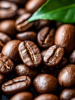Roasted coffee beans with fresh green leaf on dark surface, suitable for beverage packaging, café designs, and culinary publications.
