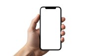 Hand holding modern smartphone with blank white screen isolated on white background for app presentation and mockup design.