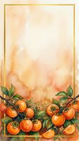 Watercolor illustration of ripe orange tomatoes on vine with green leaves against warm peachy gradient background, isolated on white with gold frame border, suitable for recipe cards, kitchen decor, and culinary designs.