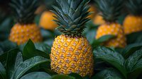 Fresh ripe pineapples with vibrant yellow color and green leaves surrounded by tropical foliage with water drops, macro food photography in natural light.