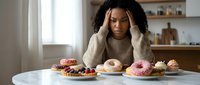 Young African American woman feeling overwhelmed by sweet temptations sitting at kitchen table with various desserts and pastries for diet struggle concept.