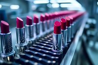 Pink lipsticks arranged in rows on cosmetic display stand with metallic silver tubes, shallow depth of field creating soft bokeh background effect.
