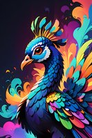 Vibrant fantasy peacock illustration with iridescent blue plumage and colorful tail feathers against dark background. Perfect for modern wall art, textile prints and creative projects.