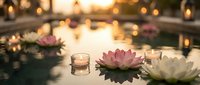 Floating lotus flowers and candles create serene spa atmosphere with warm golden bokeh lights reflecting on calm water surface for relaxation and wellness.