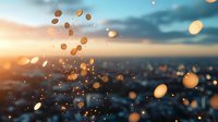 Dreamy cityscape at sunset with golden bokeh lights floating in foreground creating magical atmosphere against blurred urban skyline and warm sky.