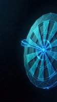 Digital dartboard with glowing blue wireframe design and geometric polygonal structure on dark background for gaming and technology concepts.