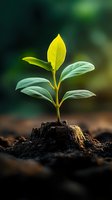 Young green plant seedling growing from rich soil with sunlight illuminating new leaves against dark background, symbolizing growth and new beginnings.