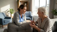 Young female caregiver providing compassionate support to elderly woman at home, healthcare assistance and companionship for seniors in comfortable living room.