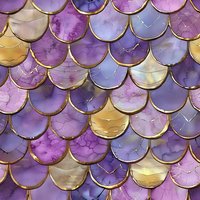 Magical mermaid scales pattern in purple and gold watercolor effect with metallic borders, perfect for fantasy designs and textile prints. Seamless fish scale texture background.