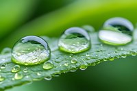 Macro photography of crystal clear water drops on green leaf surface showing nature's purity and reflection. Fresh morning dew creates spherical formations.