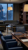 Modern executive office interior with dark leather furniture, wooden desk, pendant lighting and city skyline view through large windows for corporate design.