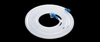 Clear medical tubing coil with blue connectors, isolated on transparent background. Ready for healthcare design, print-on-demand products, educational materials, clipart, and medical illustrations.