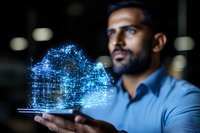 Middle Eastern businessman holding futuristic holographic house projection in blue light, demonstrating smart home technology and digital real estate innovation.
