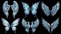 Set of six blue fantasy wings isolated on transparent background, including angel, butterfly, and phoenix styles, ready for stickers, t-shirt design, and print on demand.