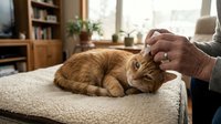 Elderly person administering ear drops to a calm ginger cat lying on a soft surface at home, pet care and veterinary treatment concept.
