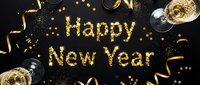 Happy New Year glitter text with golden confetti, ribbons, and champagne glasses on dark background, festive holiday celebration concept.