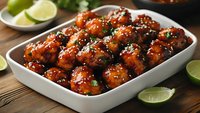 Glazed chicken wings with sesame seeds and fresh herbs served in white ceramic dish, garnished with lime wedges on wooden table, appetizing party food.