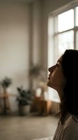 Young woman in profile looking up thoughtfully in bright modern home interior with natural window light creating peaceful morning atmosphere.