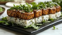 Grilled teriyaki salmon bites served on white rice balls garnished with fresh herbs and black sesame seeds, presented on dark slate plate for Asian fusion cuisine.