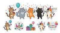 Cartoon cats celebrating with balloons, confetti, party hats and gifts isolated on white background, ready for greeting cards, invitations, children's designs and festive applications.