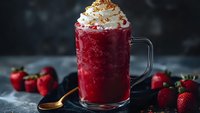 Red strawberry smoothie with whipped cream and nuts in glass mug, fresh berries scattered around on dark background for healthy drink recipes.
