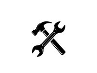 Crossed hammer and wrench tools icon isolated on white background for repair service, maintenance work, construction projects and handyman business.