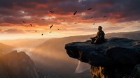 Person meditating on mountain cliff edge during golden sunset with flying birds and dramatic orange sky creating peaceful spiritual atmosphere.