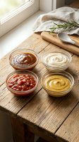 Four glass bowls with BBQ sauce, tomato salsa, mayonnaise, and mustard on a rustic wooden table near a window with herbs.