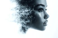 Futuristic female face dissolving into digital particles and data streams, representing artificial intelligence, technology transformation, and virtual reality concepts for tech innovation designs.