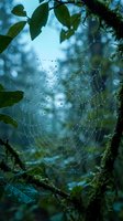 Delicate spider web with morning dew drops glistening between green leaves in natural forest setting creating magical atmospheric scene for nature photography.