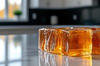 Whiskey or bourbon cubes on reflective surface in modern kitchen setting, suitable for beverage, alcohol, and lifestyle content.