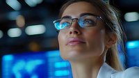 Young Caucasian businesswoman wearing glasses with confident expression looking up against blue corporate background with bokeh lights, leadership concept.