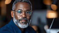 Professional African American businessman with glasses and gray beard working on laptop in modern office environment for corporate presentations.