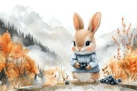 Cute bunny in blue sweater surrounded by autumn forest landscape with mountains, fog and blueberries, watercolor style illustration for children's books.