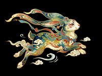 Ornate running rabbit in traditional Asian art style with flowing ribbons and cloud motifs, isolated on transparent background, ready for t-shirt, sticker, and print on demand use.