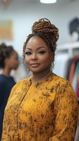 Professional African American businesswoman with braided updo hairstyle wearing yellow patterned blouse in modern office environment for corporate marketing.
