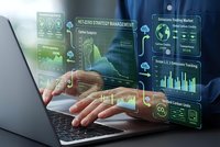 Businessman using laptop with holographic ESG strategy management interface displaying sustainability metrics and environmental data analytics.