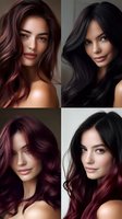 Young women with dark hair and burgundy ombre highlights showcase trendy hair coloring styles in professional beauty portraits. Natural makeup and soft lighting enhance features.