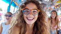 Young woman with curly hair and retro glasses laughing joyfully at summer festival, expressing genuine happiness and positive emotions outdoors with friends.