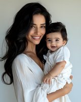 Happy young mother with long dark hair holding smiling baby in white clothing against neutral background for family lifestyle content.