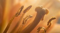 Macro shot of plant stamens with water droplets catching warm golden sunlight, suitable for botanical and nature backgrounds.