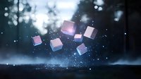 Floating glowing cubes with particles and light effects in dark forest setting, suitable for technology, digital transformation, and abstract backgrounds.
