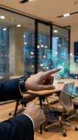 Businessman interacting with holographic SEO analytics dashboard displaying growth metrics and data visualization in modern office conference room.